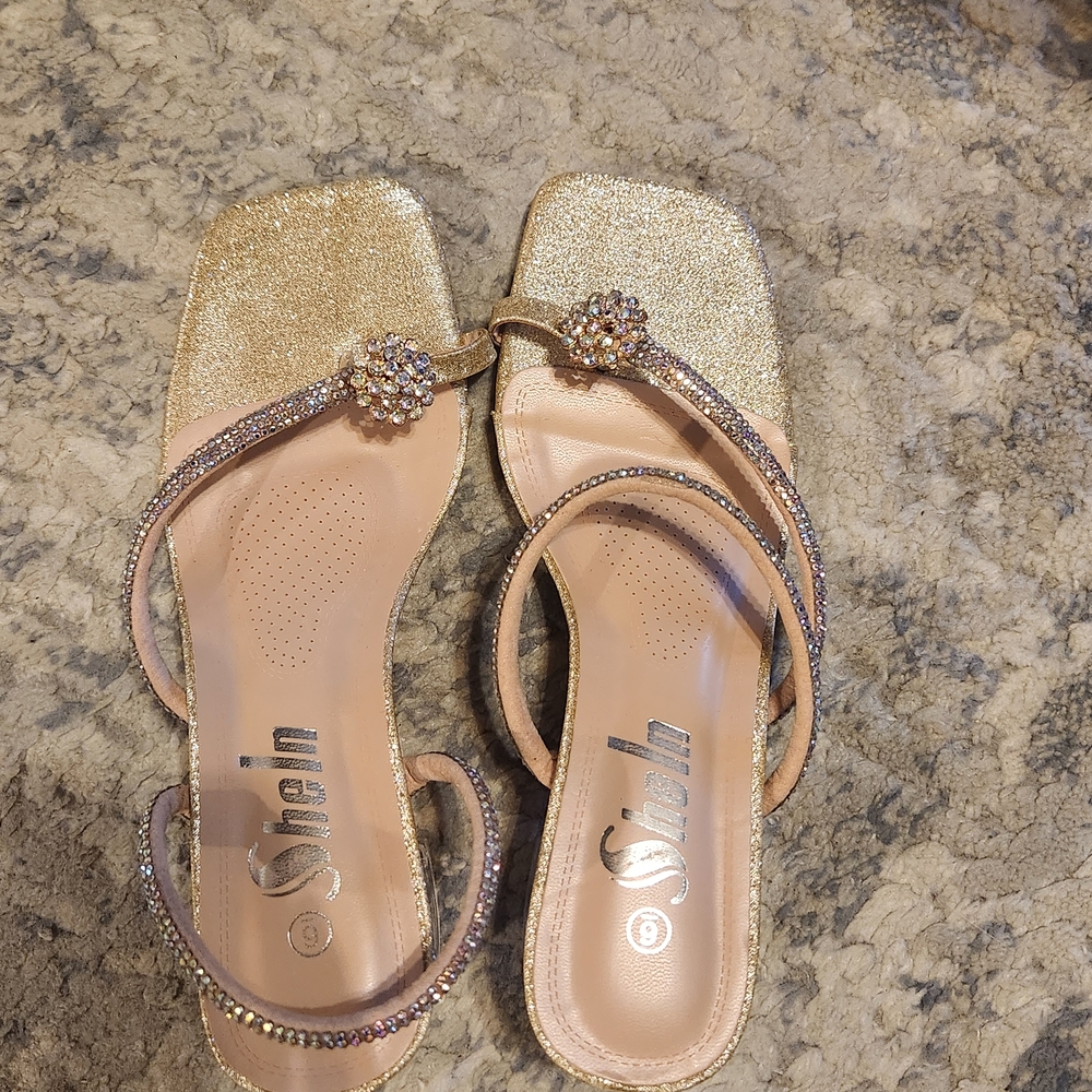 SHEIN Gold Glitter Rhinestone Strappy Heeled Sandals